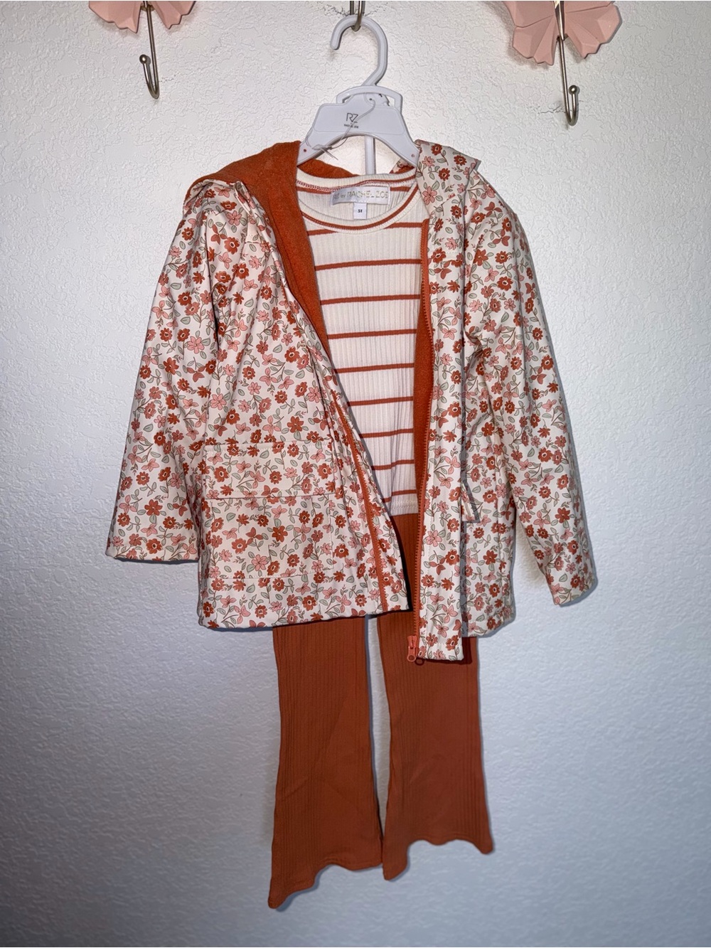 Kids Floral Hooded rain Jacket & Rust Ribbed Set